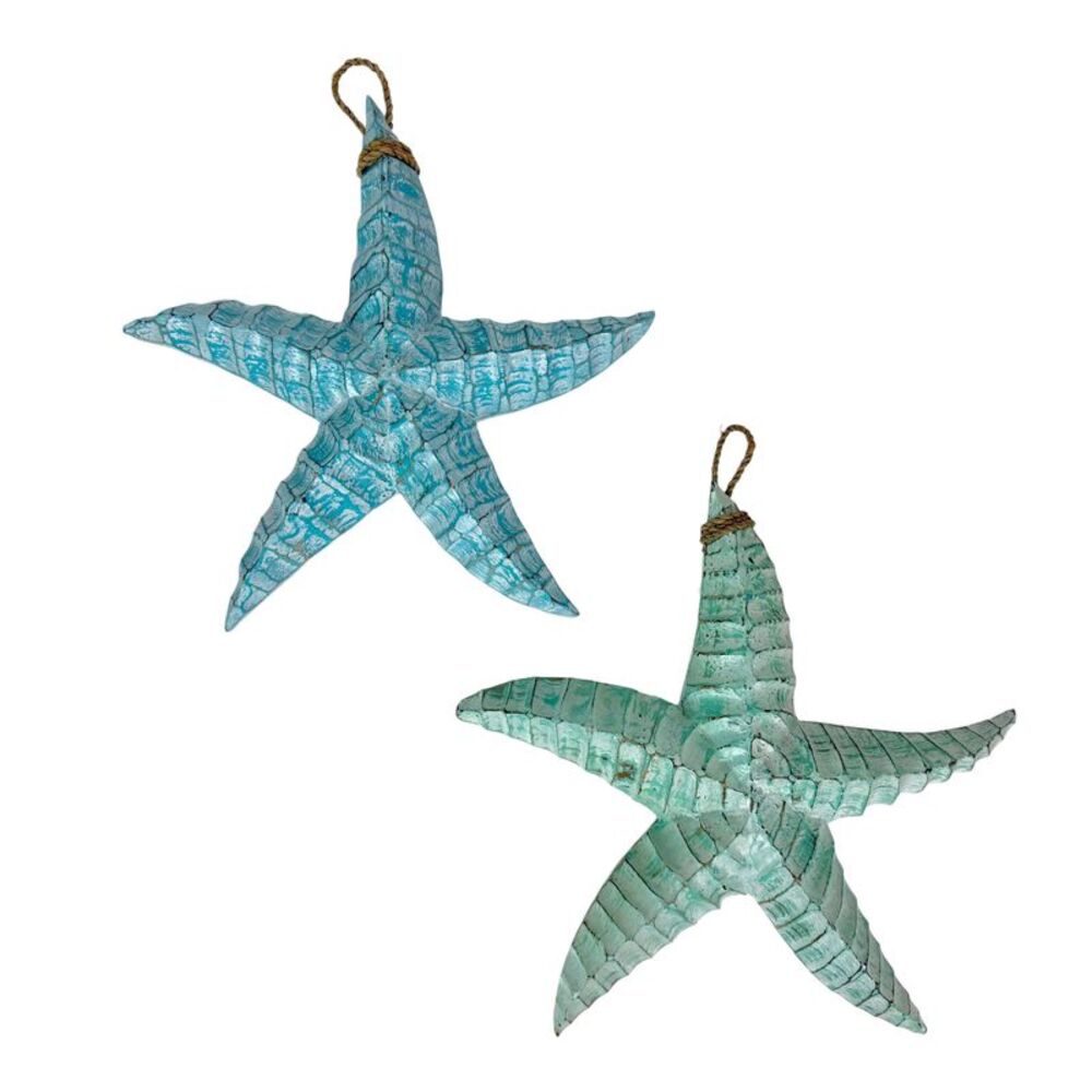 Set of 2 Blue Green Wooden Starfish Wall Sculptures Coastal Hanging